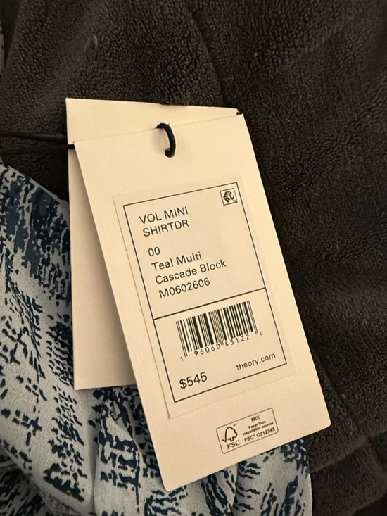 Theory 00 teal mini silk shirt dress. Light Blue Printed V-Neck Mini Dress - Picture 4 of 5